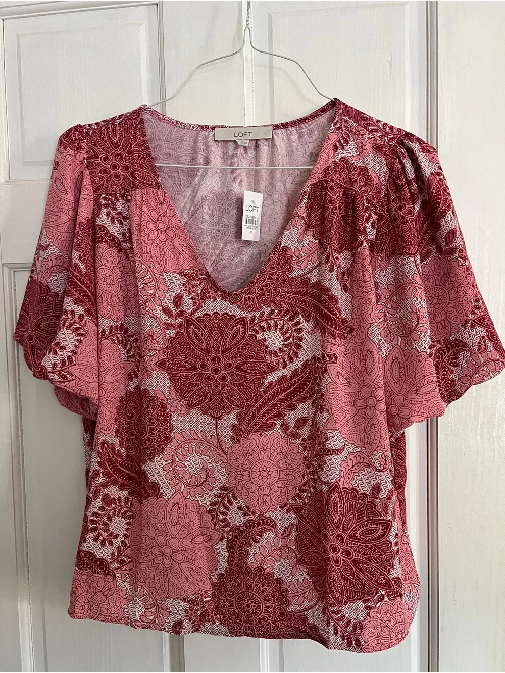 LOFT Rose and Burgundy Floral V-Neck Balloon Sleeve Blouse